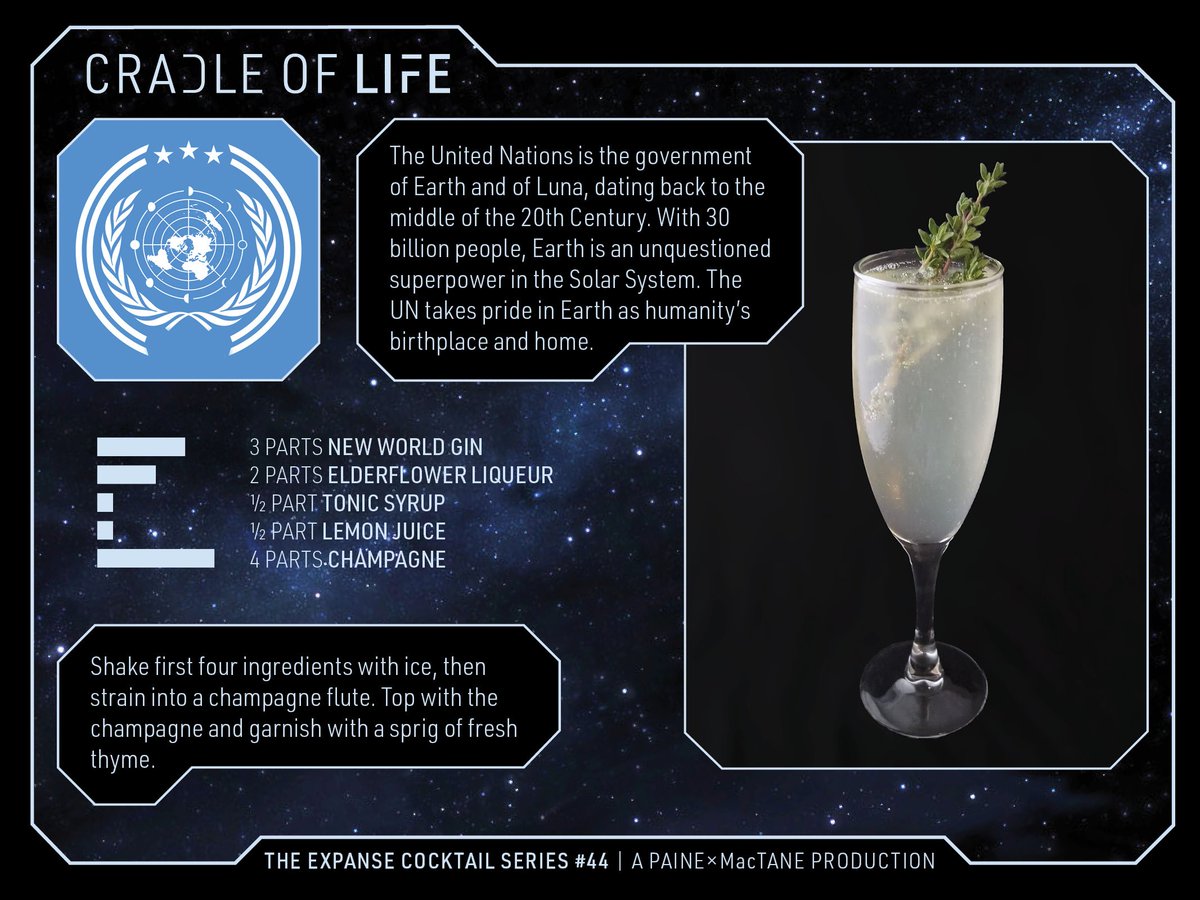 Expanse Cocktail #44: Cradle of Life. The UN is the government of Earth & Luna, dating back to the 20th Century. The UN takes pride in Earth as humanity's birthplace & home. 3 pts New World gin, 2 pts elderflower liqueur, ½ pt tonic syrup, ½ pt lemon juice, 4 pts champagne. Shake first 4 ingredients w/ice, strain into champagne flute. Top w/champagne, garnish w/sprig of thyme.