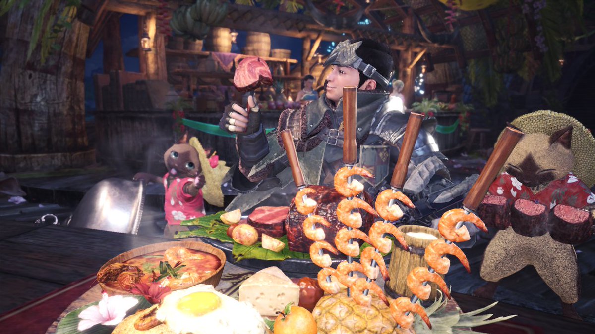 モンスターハンターワールド アイスボーン公式 アステラ祭 納涼の宴 の特別定食 集会エリアの食事場限定で期間中にしか食べられないトロピカルな 納涼の宴 定食 が登場 食材が全て新鮮になるのでクエスト前に ぜひご利用ください T