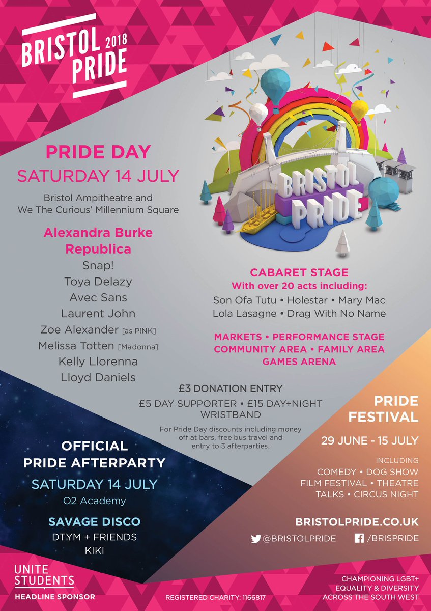 BristolPride's tweet image. TOMORROW!! #bristolpride day is nearly here, we cannot wait to see the city come alive with #Pride. So want info and stage times check the festival guide here: issuu.com/bristolpride/d… and for Questions the FAQ here: bristolpride.co.uk/faq/. We&apos;re off to finish building the site