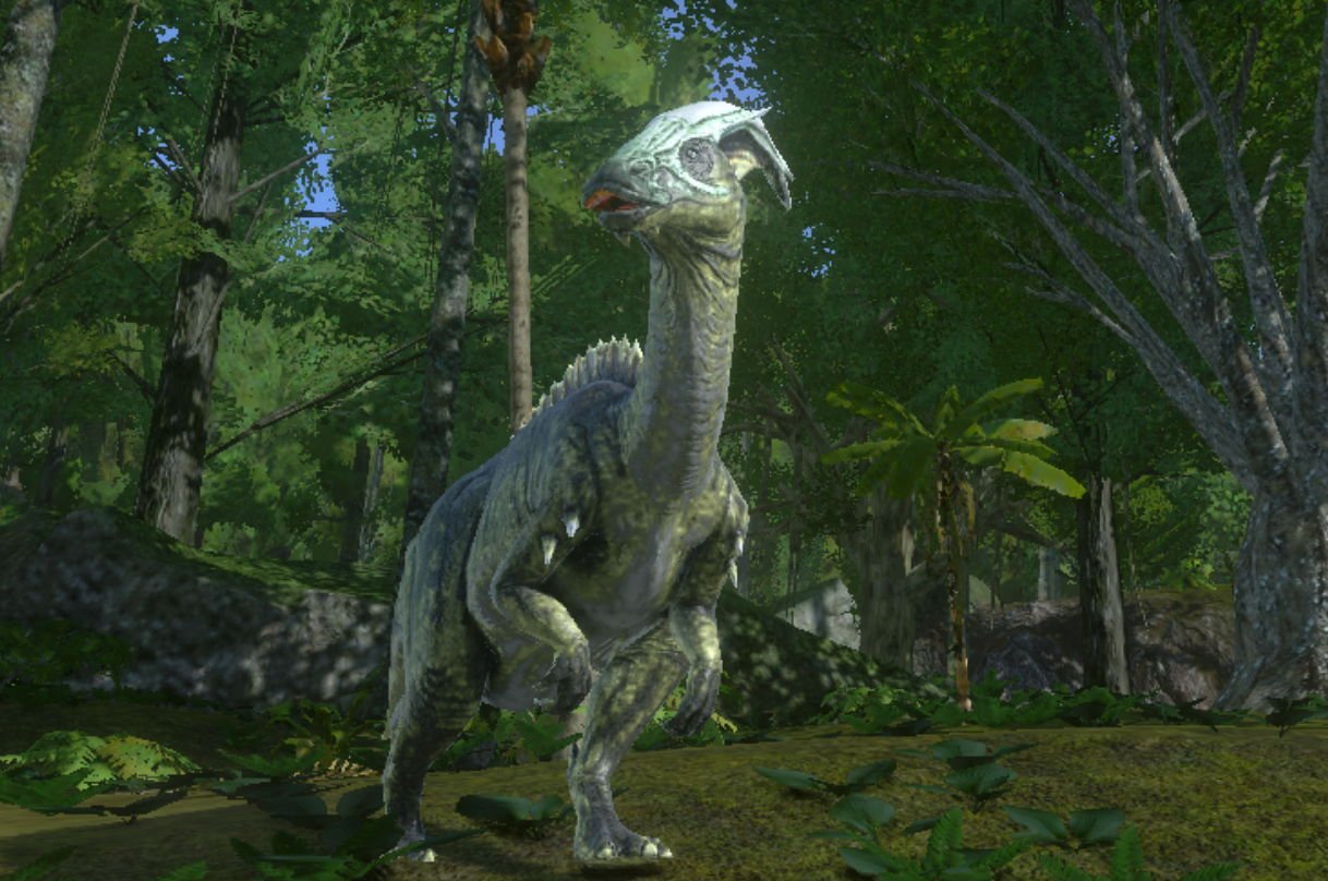 Ark Mobile日本公式 海を後にして森へ探索に出かけたら特徴のある恐竜に遭遇した 頭部のトサカが実に凛々しい パラサウロロフス だ 穏やかな気性であるため彼らに近づくことは容易だ しかし 驚かせてはいけない 何故なら 周りの仲間に警告音を