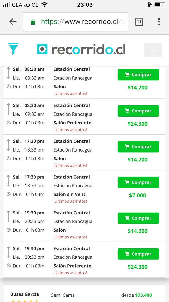 alvarofonsecab's tweet photo. Cuando quieres comprar pasajes en @recorridoCL stgo-rgua y el precio del @Trencentral está a 24.300 pesos y buses Garcia a 73.000 pesos 🤔... se sabe que es temporada alta pero tanto se sube https://t.co/DnLYsI1v8U