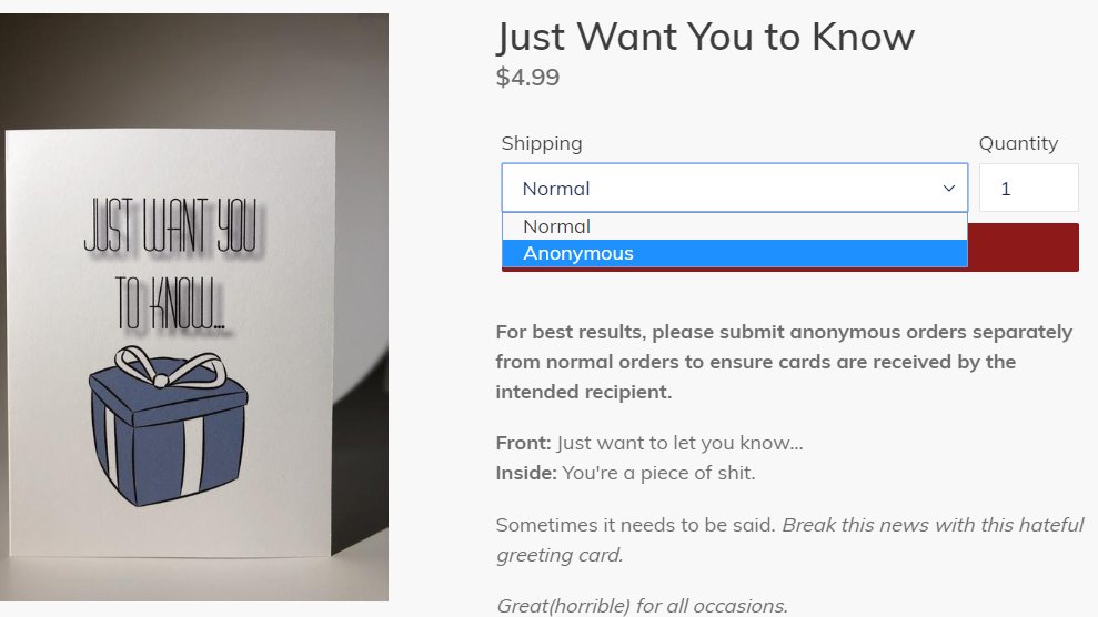 HateUCards's tweet photo. The wait is over. Anonymous shipping is now available! Details available on our website, idiot. #greetingcards #giftideas https://t.co/hoKMoFvdzf