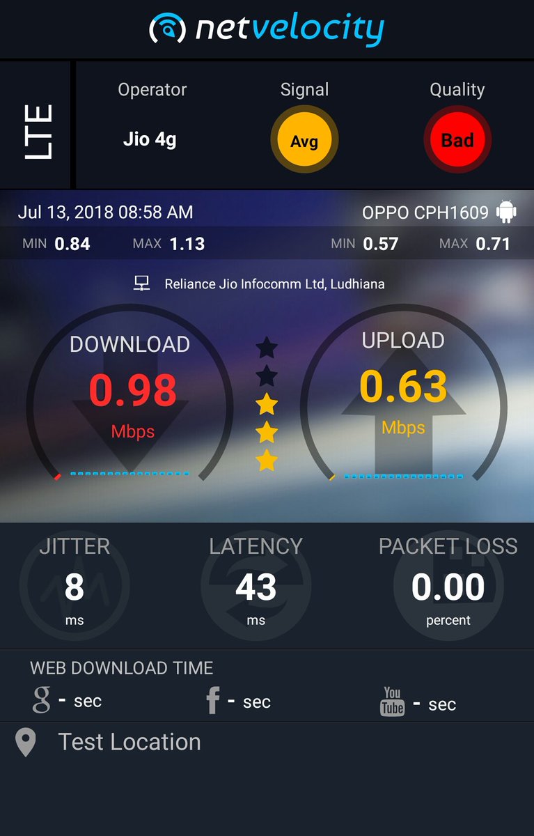 RahulKajalRG's tweet image. Dear @JioCare this is your 4g service 😂 Please change your name to Jio 2G. 😡😡😡
#NetVelocityTestResult