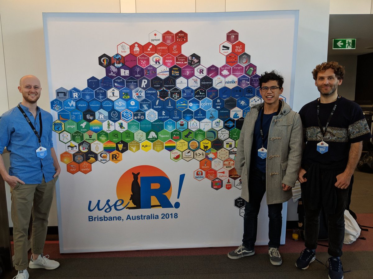 From the CODES lab of those who use R! #useR2018 #hexwall <a href="/drsimonj/">Simon Jackson</a> <a href="/mblanchard123/">Matt Blanchard</a>
