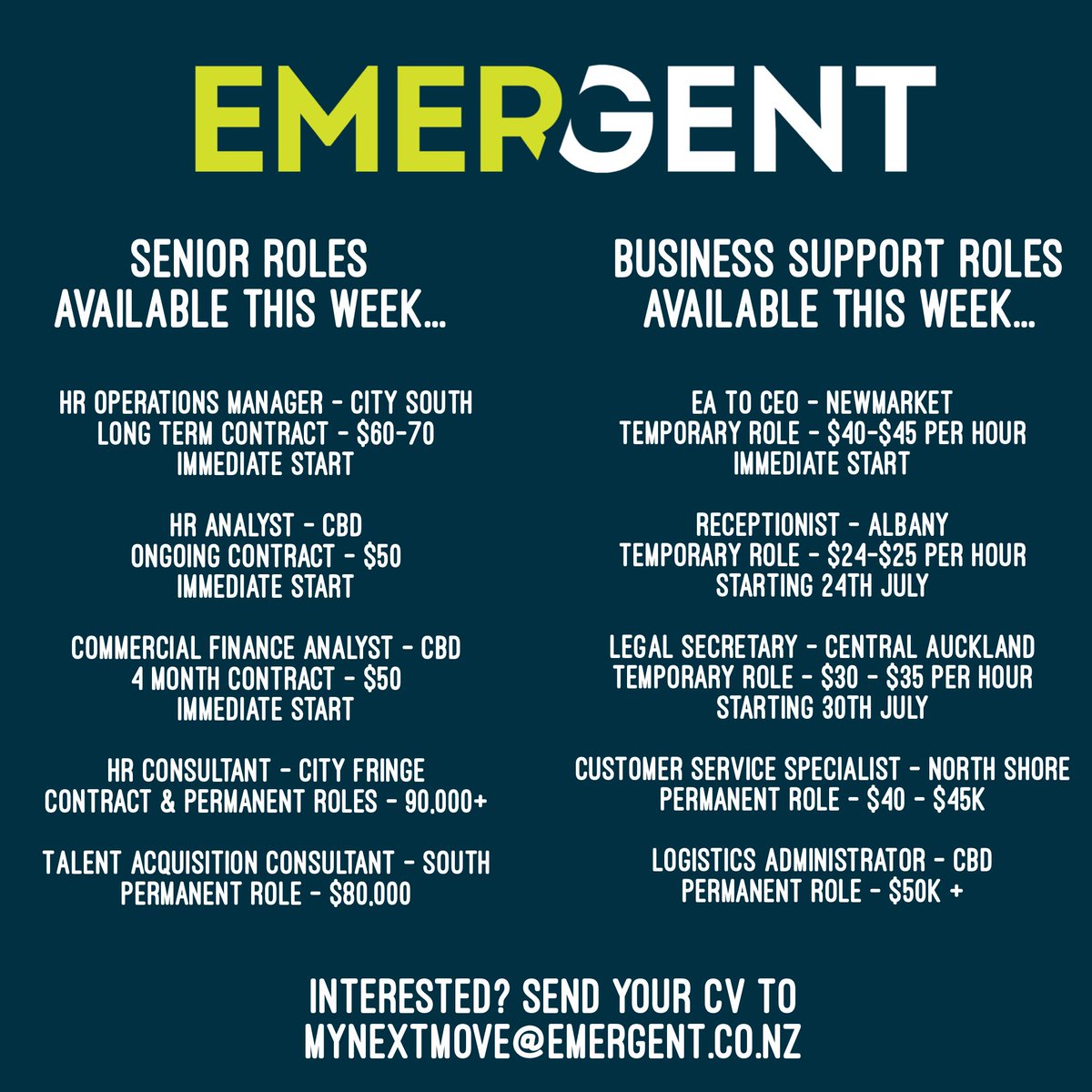 Emergent_NZ's tweet photo. Check out these great roles that we have available this week across all of our fabulous divisions #mynextmove #movefromgoodtogreat #emergent #auckland #hamilton https://t.co/usVtTbV6Sd