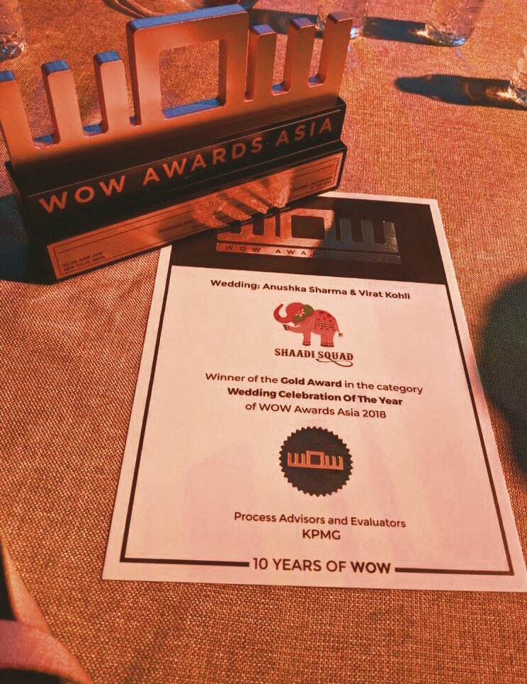 After winning at the Wedding Sutra Influencer Awards 2018 for planning  @AnushkaSharma &  @imVkohli’s wedding,  @ShaadiSquad have now also won the Gold Award for Wedding of the Year at the WOW awards 2018   #WOWAwardsAsia  #VirushkaWEDDING  https://www.instagram.com/p/Bkpt9S8jBmS/?utm_source=ig_share_sheet&igshid=xnxsk67x1wkk