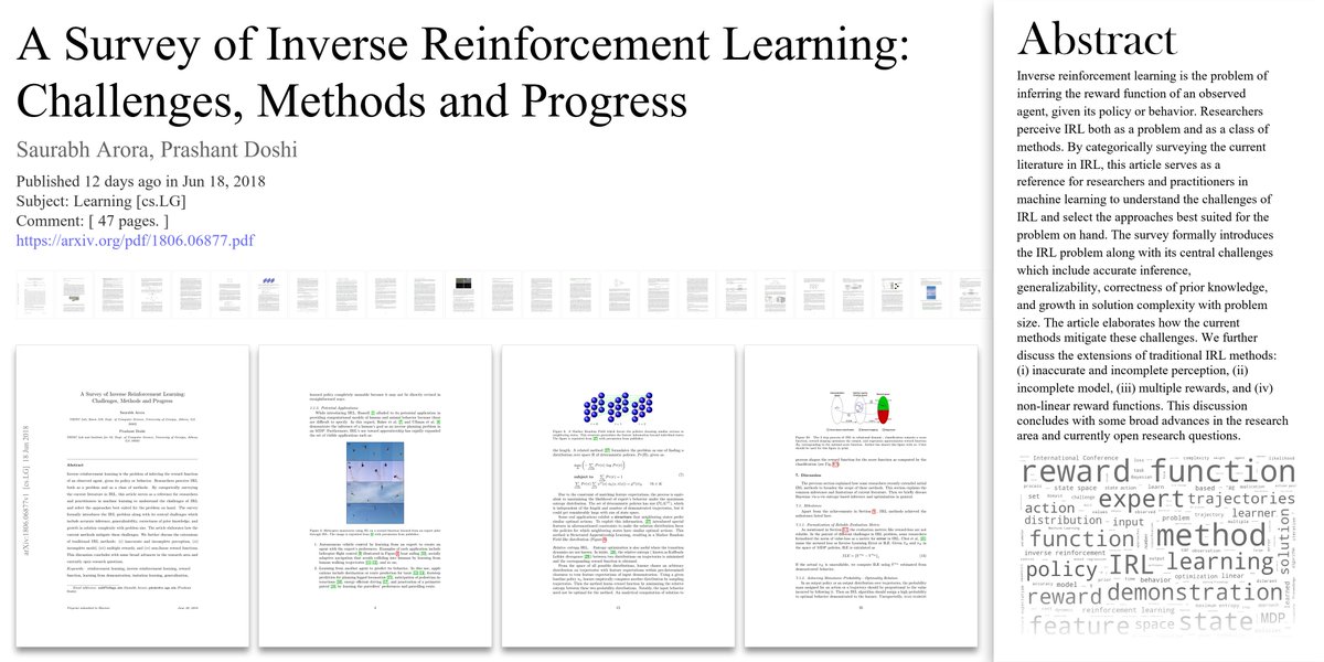arxivtrends's tweet photo. 🤖 A Survey of Inverse Reinforcement Learning: Challenges, Methods and Progress
✍️ Saurabh Arora, Prashant Doshi
🔗 https://t.co/p6N8VaX0hA
🔊 Tweeted by @icoxfog417 et al.
#Learning #csLG #statML https://t.co/tTZzvci7Yh