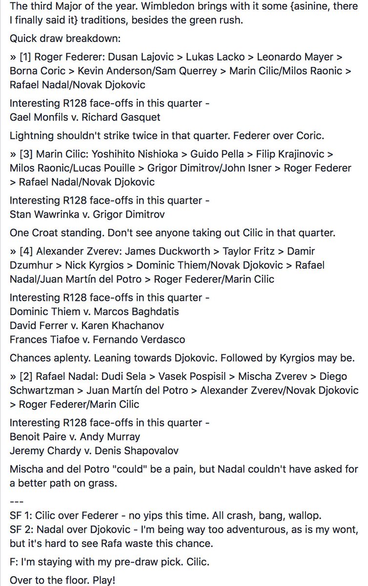 Lord_Kartz's tweet photo. #Wimbledon is here... #Cilic is the man to beat, #imho. Call me cuckoo, but I don't see why #Nadal can't go far. Pretty far, even.
Dispassionate picks aside, allez Roger! #Wimbledon2018 #GentlemensSingles #DrawAnalysis #DrawBreakdown #ATPTennis #Federer #Djokovic #Murray #Zverev https://t.co/wvKdza7SjP