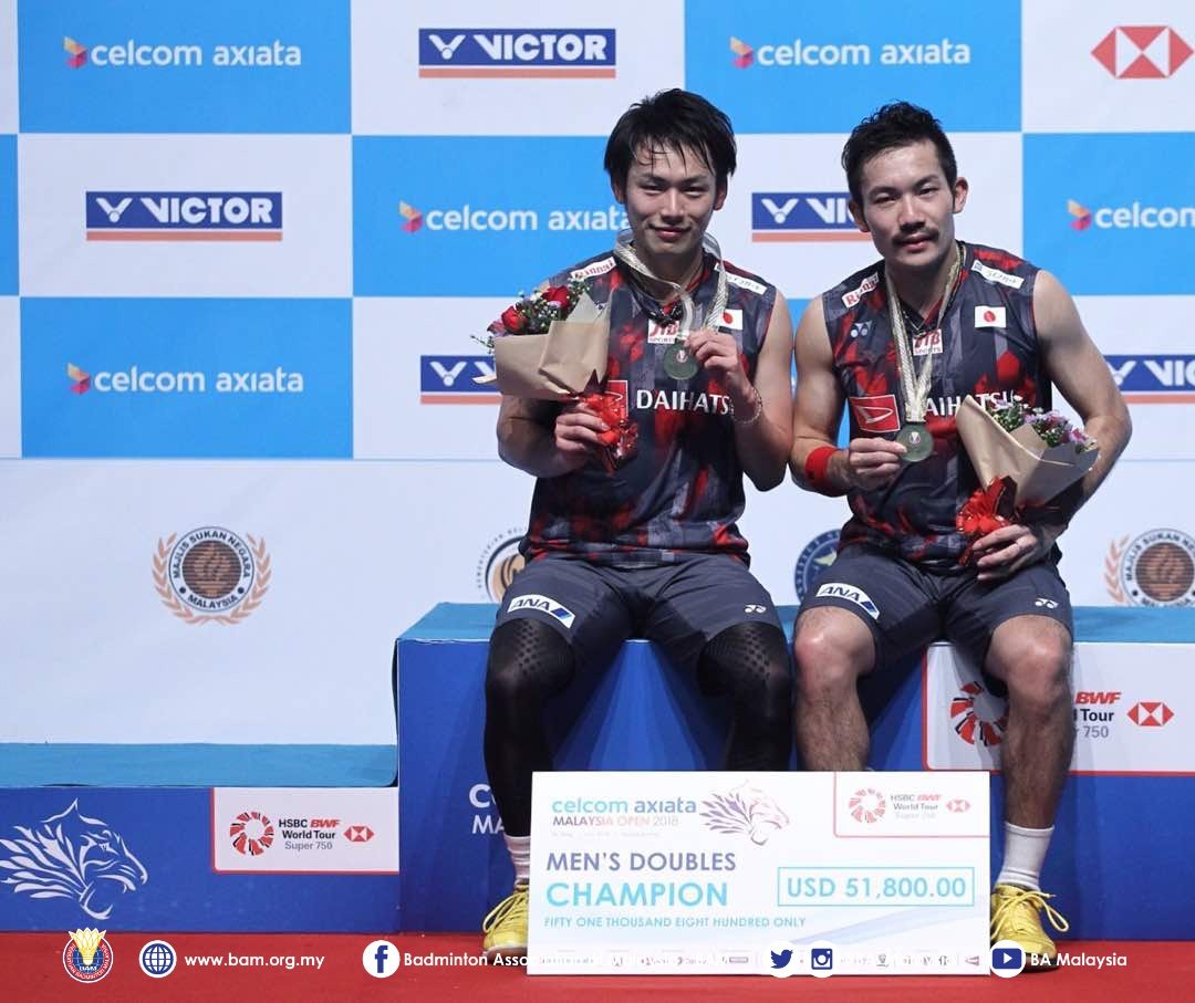 BA_Malaysia's tweet photo. Congratulations to the winners of the Celcom Axiata Malaysia Open 2018 Men's Doubles category, #JPN π―π΅ Takeshi Kamura - Keigo Sonoda
#CAMO2018 https://t.co/4gpYeN7o90