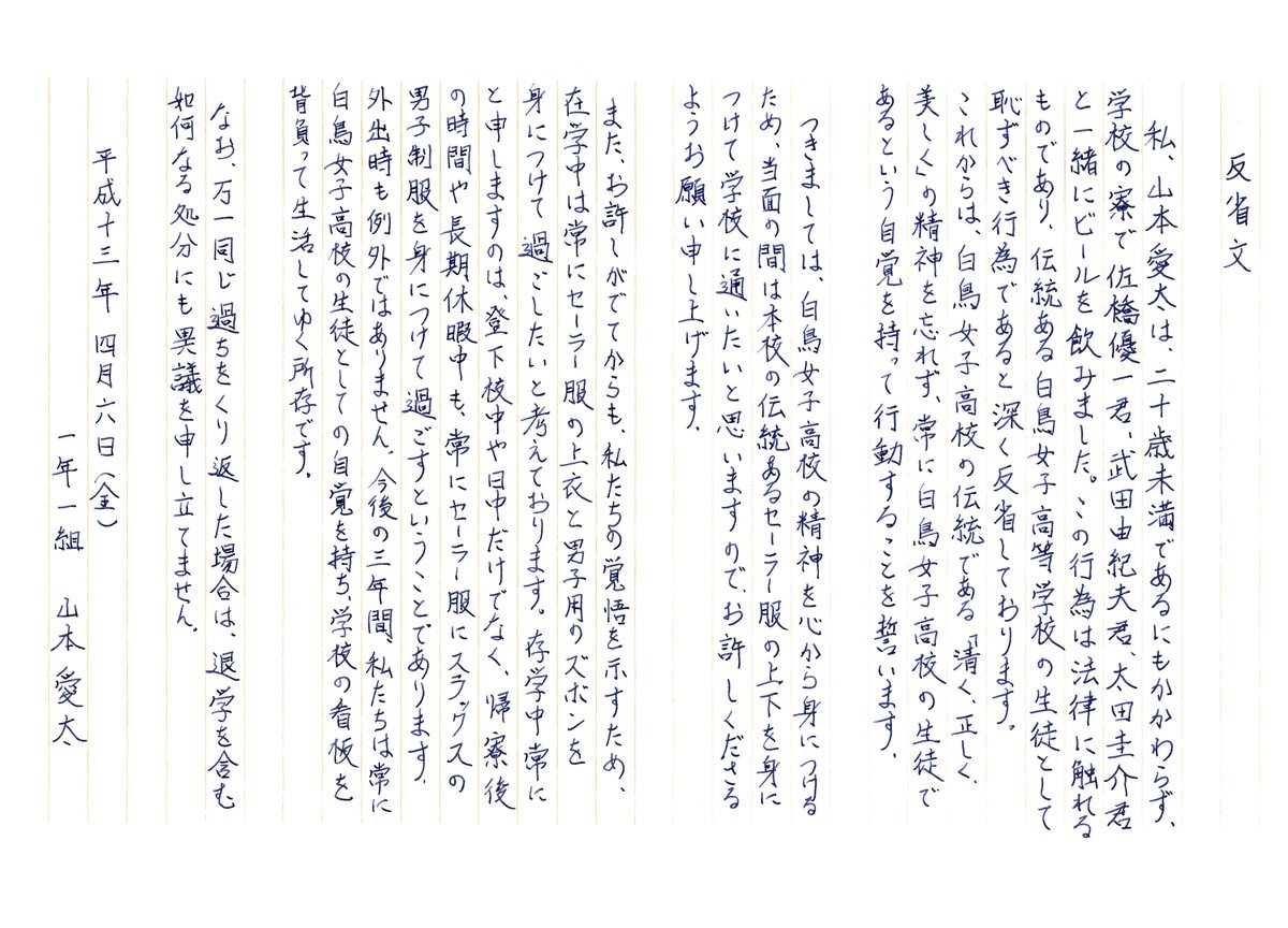 反省文 男女差別禁止法」という小説に登場する「反省文」を、アレンジしつつ