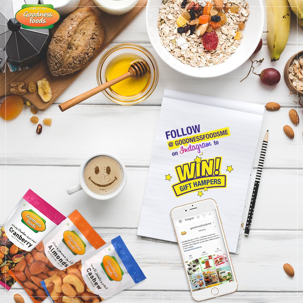 Goodnessfoodsme's tweet photo. #ContestAlert - Tag your friends & Follow us @ goodnessfoodsme on Instagram & stand a chance to win a Goodness Foods gift hamper! Contest Ends: 29 June 2018. T&C's Apply. #goodnessfoods #ContestAlert #MyDubai #Dxb #FollowUs #Instagram https://t.co/i5da4GPxZ5