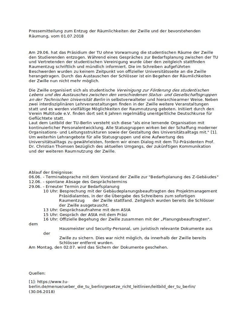 Zwille_TUB's tweet photo. Unsere #pressemitteilung vom 01.07. bezüglich der #Räumung der @Zwille_TUB durch die @TUBerlin. https://t.co/dJmXDVoomN
