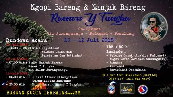 hengky_kik's tweet photo. Ayo Buruan..... 
Ngopi bareng &amp; Nanjak Bareng
Ramon Y Tungka
Di G. Slamet via Jalur Jurangmangu
Cp. 0877-1177-1011

#Gapalm #fwg2018 #gunungslamet https://t.co/II6WpHBfza