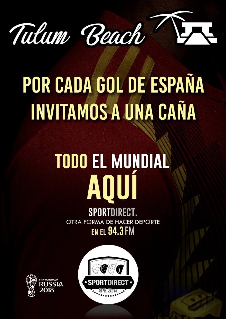 Desde las 15 estamos citados en el Tulum Beach para vivir el partidazo España 🇪🇸 vs Rusia 🇷🇺 y por cada gol de España 🇪🇸 una caña 🍺. Síguenos además en el 94.3 FM 📻 con todo el equipo de <a href="/SportDirectR/">SportDirect Radio</a> venirseee!!!