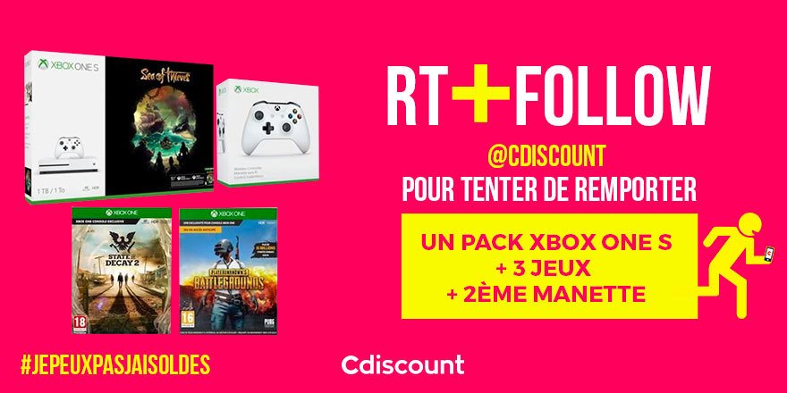 Cdiscount's tweet photo. 🎁 #Concours #JePeuxPasJaiSoldes

👌 À gagner pour les #Soldes: un pack Xbox One S + 3 jeux + 2ème manette  👉 https://t.co/iB6rzYtdx0

🔸 Pour tenter votre chance : 
#RT + #FOLLOW @Cdiscount

☑️ TAS 09/07 https://t.co/BJW0s7WkUT