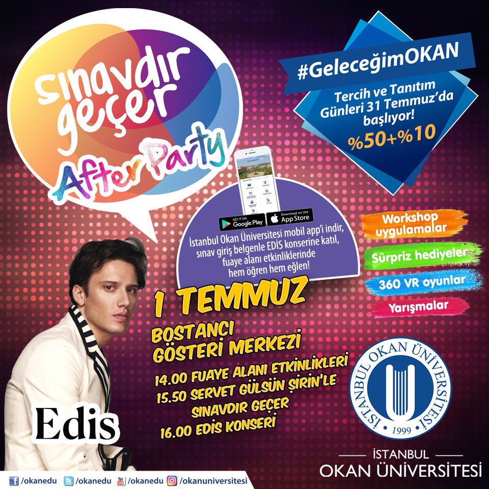 sinavdirgecer's tweet photo. Üniversite adayı gençlerle bugün Bostancı Gösteri Merkezi’nde buluşuyoruz!
7 bin üniversite adayı sınav sonrası stresini Edis konseriyle Sınavdır Geçer After Party’de atacak!
#GeleceğimOKAN #AdayOkan #OkanÜniversitesi #İşYaşamınaEnYakınÜniversite #OkanEdu #Yks2018 https://t.co/vXhHKTchvQ