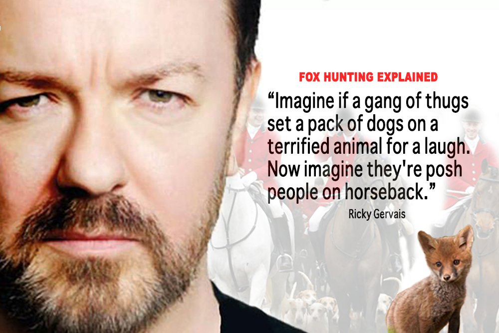 _AnimalAdvocate's tweet photo. Why sign to stop killing #animals in hunts in the UK?🦊

@RickyGervais exploits his usual clarity here.
"Imagine if a gang of thugs set a pack of dogs on a terrified #animal for a laugh. Now imagine they're posh people on horse back"

A @LeagueACS petition
https://t.co/6sIqNZTxzu https://t.co/5kiO3GImMi