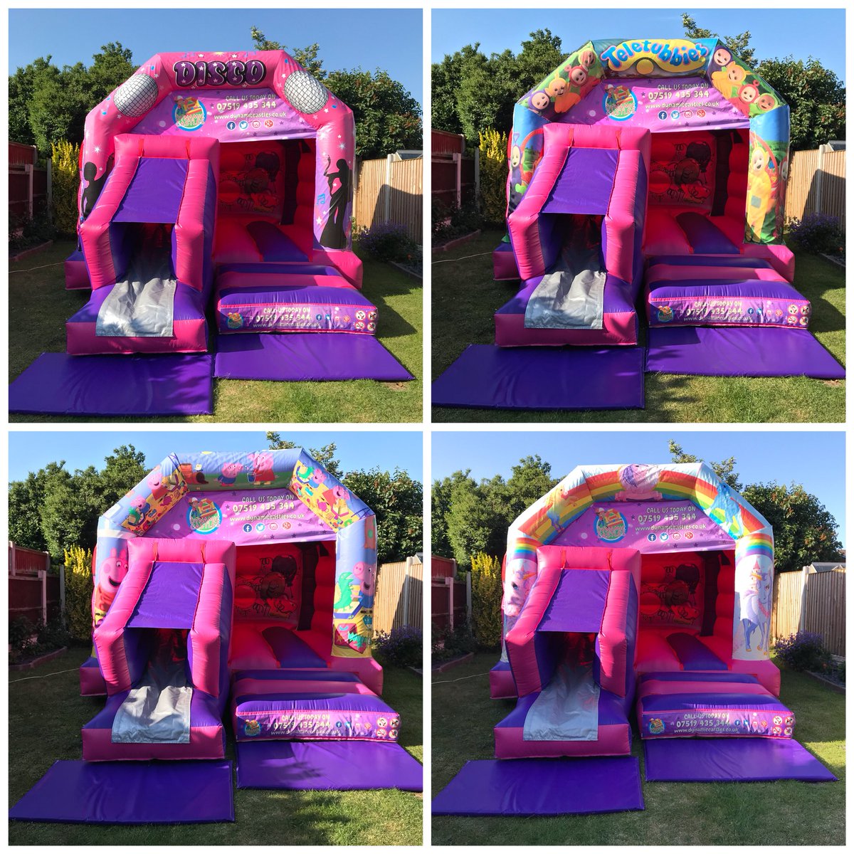 Our Pink &amp; Purple slide Combos! Many themes available. #pink #bouncycastle  #booknow #dmfordetails