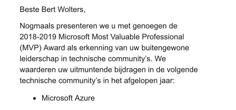 Bert Wolters (@bertwolters) on Twitter photo Now it’s formal! Just received THE e-mail! Awarded the MVP Award for the third time in a row! Thank you, <a href="/MSCloud/">Microsoft Cloud</a> <a href="/Azure/">Microsoft Azure</a> <a href="/Microsoft/">Microsoft</a> and community! #MVPBuzz Now it’s formal! Just received THE e-mail! Awarded the MVP Award for the third time in a row! Thank you, <a href="/MSCloud/">Microsoft Cloud</a> <a href="/Azure/">Microsoft Azure</a> <a href="/Microsoft/">Microsoft</a> and community! #MVPBuzz