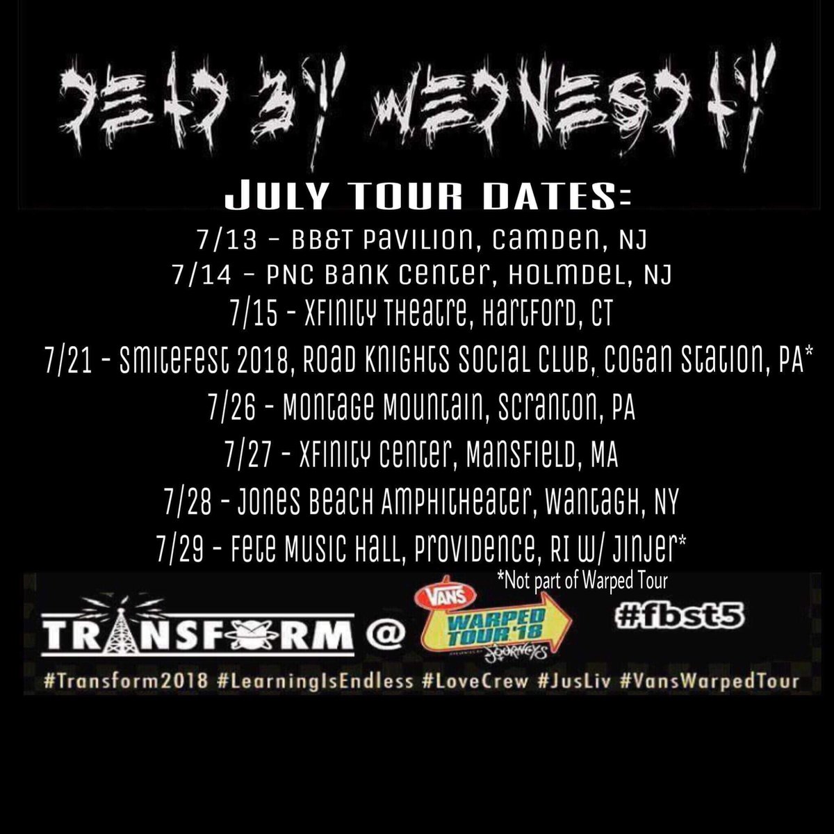OpusTheDopest's tweet photo. Busy month of July for @DEADBYWEDNESDAY !! Come out to a show near you! #party #livemusic #metal #CT #dbw #WarpedTour2018 #learningisendless #lovecrew #justliv #fbst5 #transform2018 #newmusic #July #teamellefson #EMPire #Combat #combatrecords #liveshows #teamlegator #vicfirth https://t.co/RkEuZHDLiG