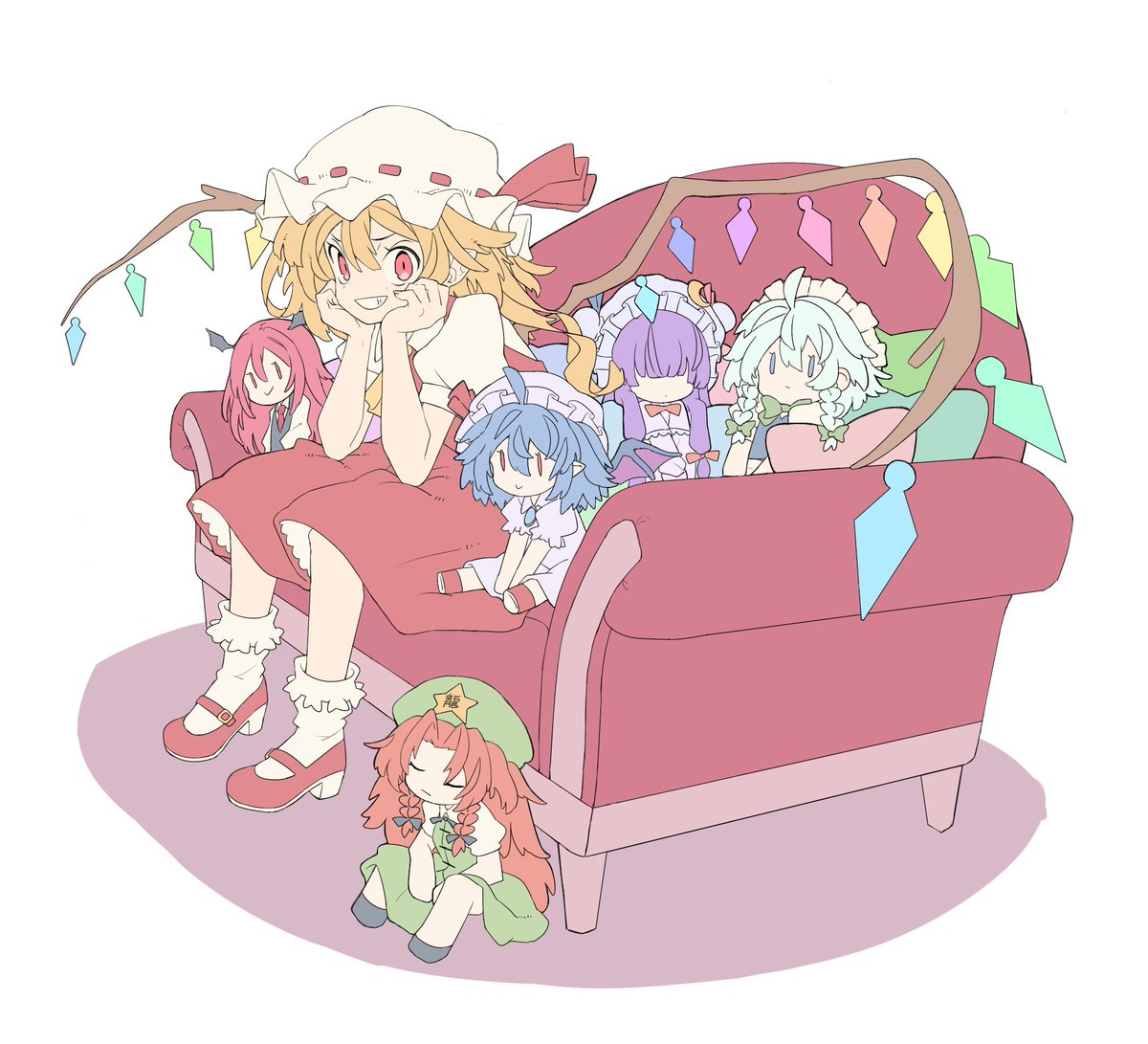 flandre scarlet ,hong meiling ,izayoi sakuya ,koakuma ,patchouli knowledge ,remilia scarlet hat mob cap shoes couch blonde hair socks red eyes  illustration images