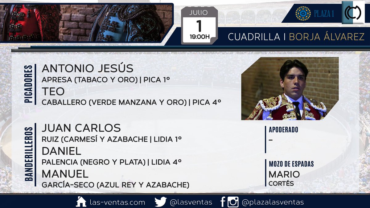 📣 | Hombres de plata del alicantino Borja Álvarez para su cita de hoy en #LasVentas. A partir de las 19:00h., lidiarán los novillos de María Cascón.