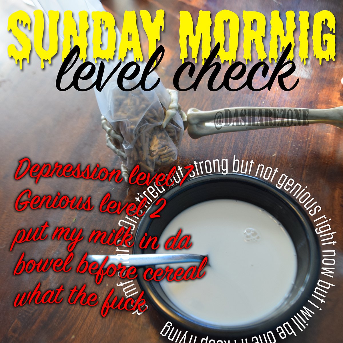 SUNDAY MORNING LEVELL CHECK - POST YOUR DEPRESION L EVEL,HORNY LEVEL, AND, GENIOUS LEVELL
- https://t.co/Qtp3PuUDXE -