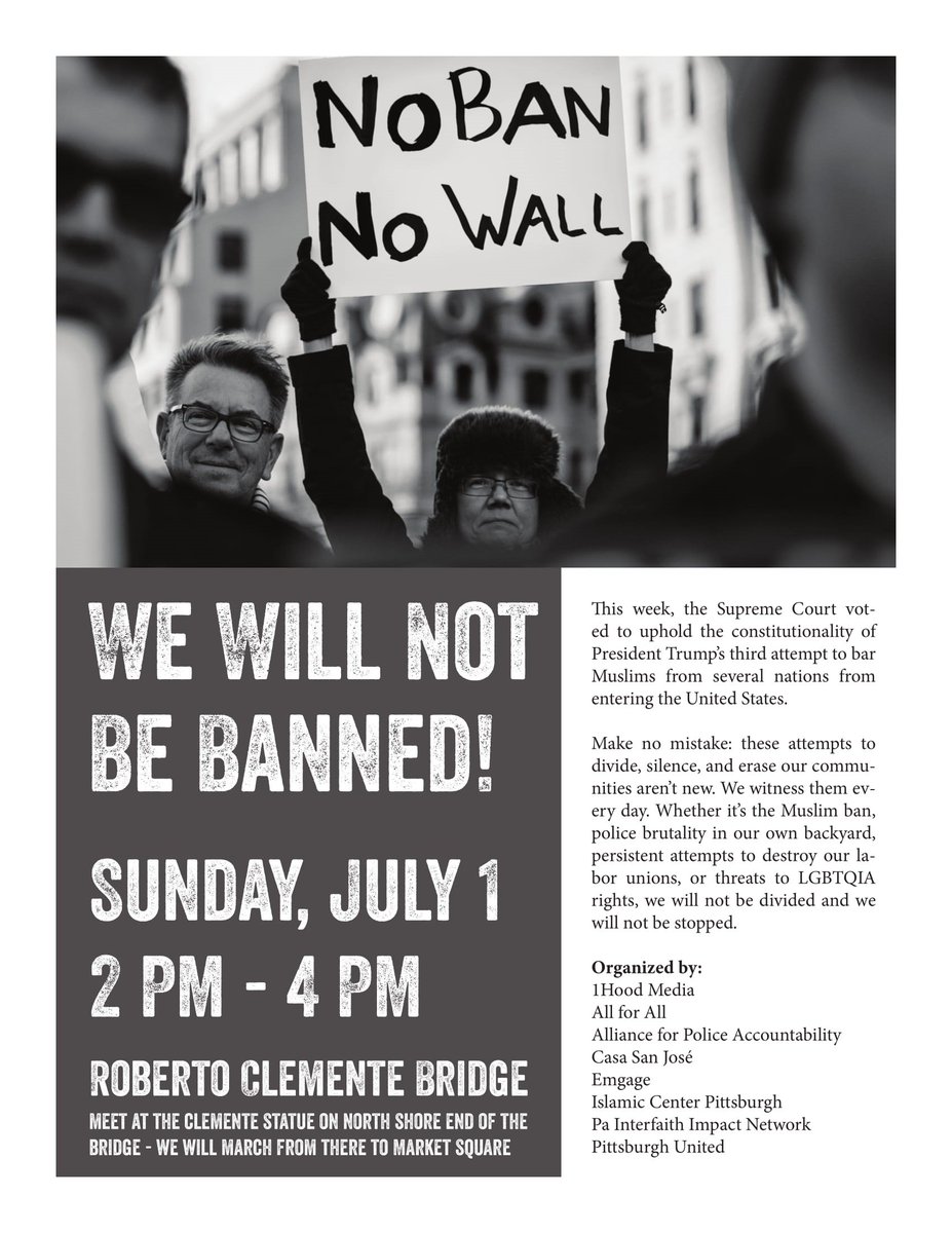 All for All (@welcomingaction) on Twitter photo Join us today @ 2PM! We will be marching from the Clemente Statue at PNC Park to Market Square in #Pittsburgh. Standing together with <a href="/NOLBPittsburgh/">NoOneLeftBehindPGH</a>, <a href="/1hood/">1Hood</a>, <a href="/ICPCommunity/">Islamic Center of PGH</a>, <a href="/CasaSanJosePGH/">Casa San Jose</a>, <a href="/PIIN_SW/">PIIN</a>, <a href="/PghUNITED/">Pittsburgh UNITED</a>, and more. Join us today @ 2PM! We will be marching from the Clemente Statue at PNC Park to Market Square in #Pittsburgh. Standing together with <a href="/NOLBPittsburgh/">NoOneLeftBehindPGH</a>, <a href="/1hood/">1Hood</a>, <a href="/ICPCommunity/">Islamic Center of PGH</a>, <a href="/CasaSanJosePGH/">Casa San Jose</a>, <a href="/PIIN_SW/">PIIN</a>, <a href="/PghUNITED/">Pittsburgh UNITED</a>, and more.