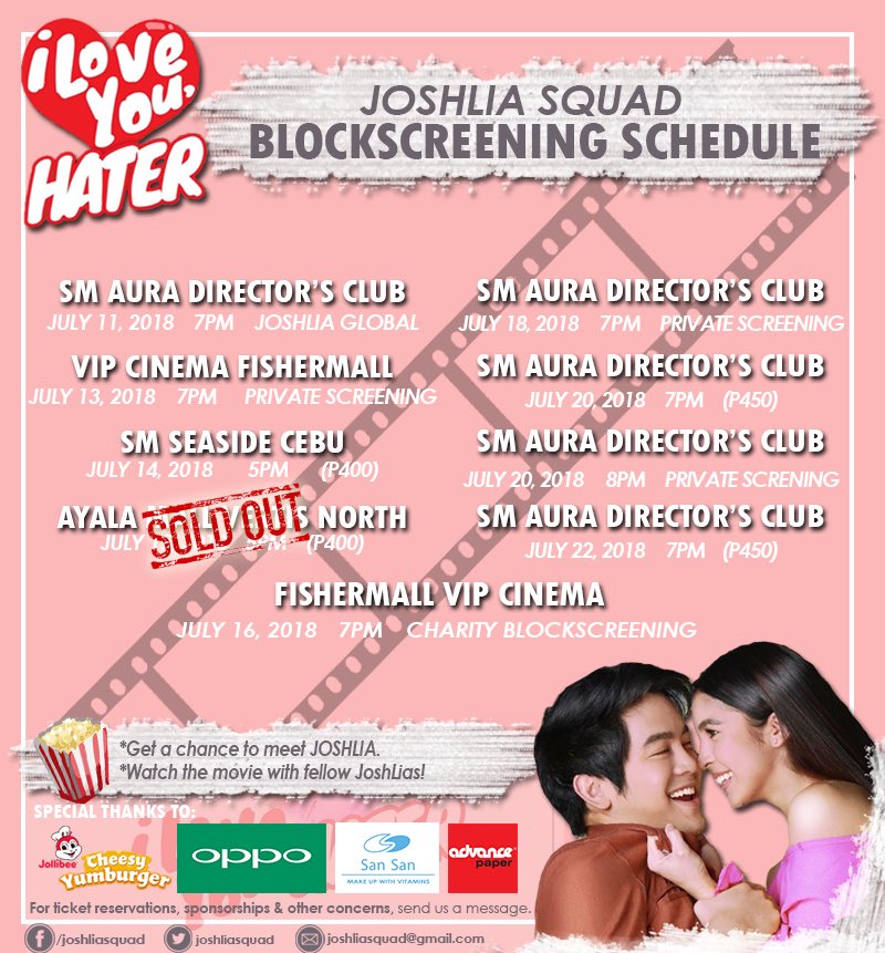 JoshLiaSquad's tweet photo. #JoshLia Squad List of blockscreenings for #ILoveYouHater

Please message @JoshLiaSquad for ticket reservations and inquiries and @JoshLiaTreasury for donations / pledges.

I Love You Hater in cinemas on July 11! ❤️ https://t.co/d3Tb2tiRQV
