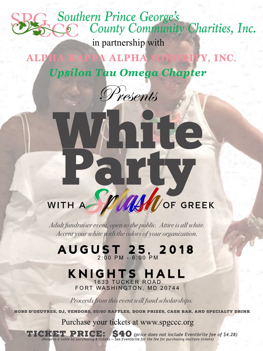 UTOAKA1908's tweet photo. UTO in partnership with SPGCCC is having a White Party FUNdraiser with a splash of color on August 25, 2018.  Wear your white with your organization’s colors!! For tickets and more information go to https://t.co/jkMMJ1Gnpb #SplashofColor #SPGCCC #AKAUTO #repyourorganization https://t.co/QiuOe3LvHt