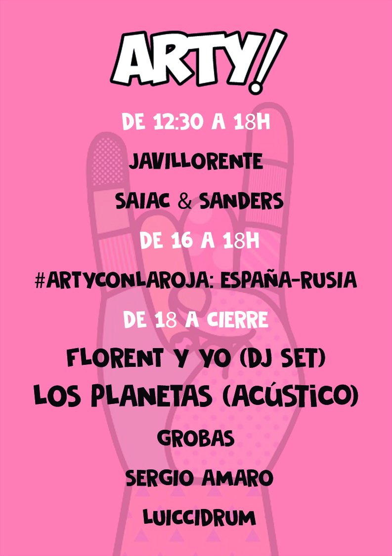 _arty_life's tweet photo. Horarios de ARTY!
#ARTYMusic, actuando ahora mismo #JaviLlorente y #Saiac & #Sanders. A partir de las 18h la actuación de Florent y Yo (DJ Set) y el acústico de Los Planetas.
#ARTYconLaRoja, en poco tiempo comenzará el partido de #España. Lo retransmitiremos en directo! https://t.co/5LjsQ2goyF