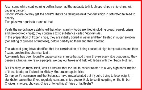 Wakethefitup's tweet photo. @NoFryScotland Here's an excerpt from my book 'Wake The Fit Up' which explains the connection between Acrylamide &amp; Chippy-chip-chips...food for thought?!

#weightloss #loseweight #loseit #chipsplease #chips #fries #diet https://t.co/KwQfldAvb5