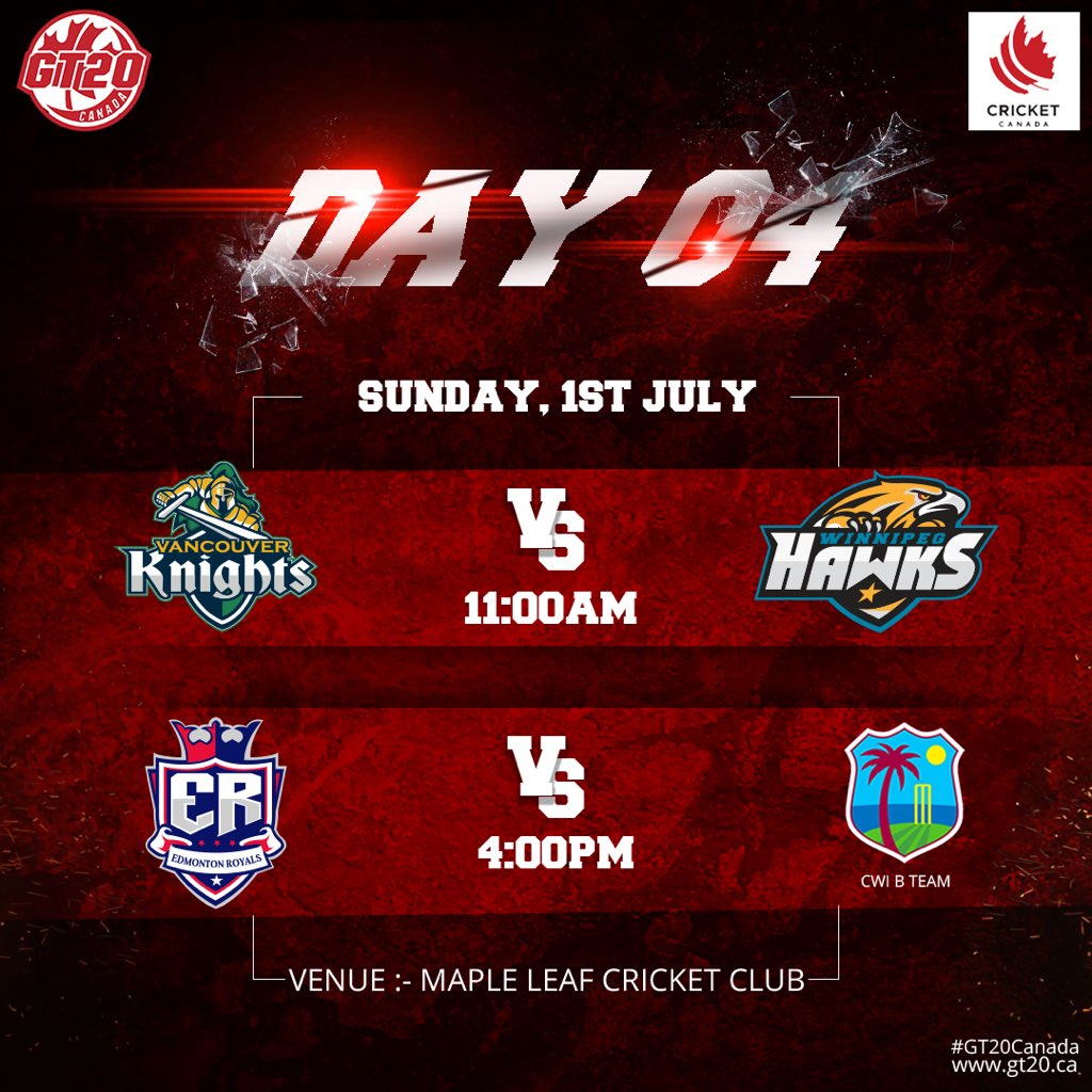 Come celebrate #CanadaDay with us. Today’s doubleheader features Match1: #VKvWK  and Match2: #ERvCWI  #6sInThe6ix #GT20Canada