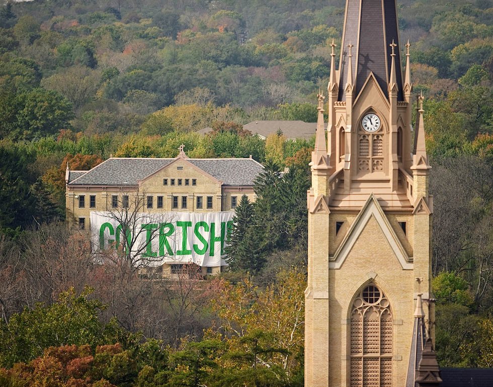 Built in 1906 and converted into a men's residence hall in 1967, Carroll Hall is seen here, from the air, hanging its signature "GO IRISH" banner on a football weekend. <a href="/CarrollHall/">Carroll Hall</a> #photooftheday #dormaday
(Photo by Matt Cashore/Copyright University of Notre Dame)