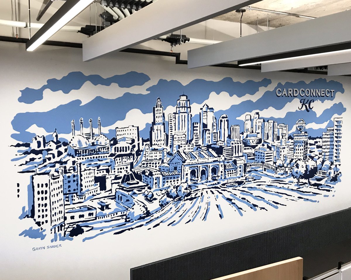 GavinSnider's tweet photo. Three days, two paint colors & many hours of family bonding later, the mural was complete. It’s inside the new office of @CardConnect KC. Thanks to @RaptStudio for the opportunity. Thanks to Mom, Dad and Jonah for the collaboration.
#DrawKC #KansasCity #KCMO #urbansketchers https://t.co/IoFi8wU3Le