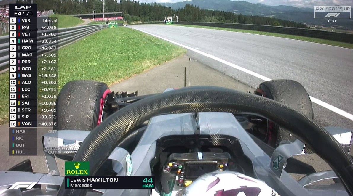 SkySportsF1's tweet image. OUT! Lewis Hamilton retires from the race. 
He reported a loss of power
  LIVE NOW on Sky Sports F1
  📺 Sky Go: skysports.tv/HuzbYB 
 🗒️ Blog: skysports.tv/PtJT8k 
 #SkyF1 #F1 #AustrianGP
