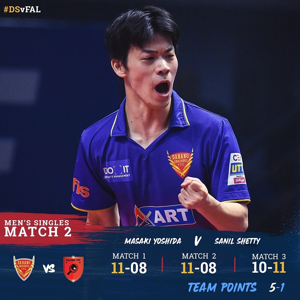 DDTTCofficial's tweet photo. Samurai with the paddle🏓
Smasher Masaki gets us 2⃣ crucial points as he gets the better of Sanil Shetty💪

#UTTCEATFinals #DSvFAL #UpTheGame #TheSmashers #EasyEndsHere https://t.co/txRREyu0dB