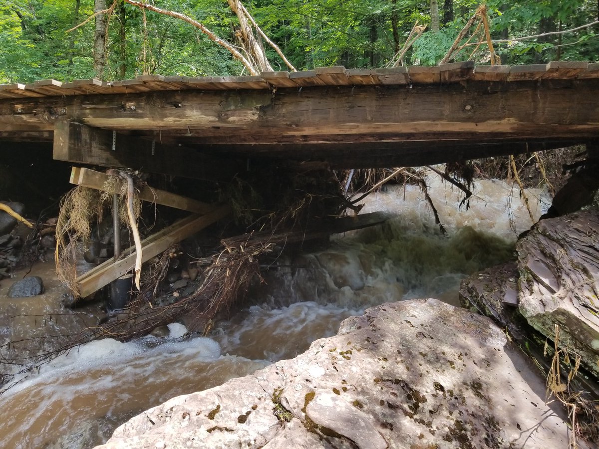 UPTreefarmer's tweet photo. Out at Maasto Hiihto with Mark and John reviewing damage in the Swedetown Creek Gorge and contemplating potential repair and re-route options.  How symbolic that Sisu Bridge would be the only bridge standing! @KNSC_Hancock #Keweenaw #PureMichigan #CCStrong #SisuStrong #MDEQ https://t.co/meP8NIRJEl