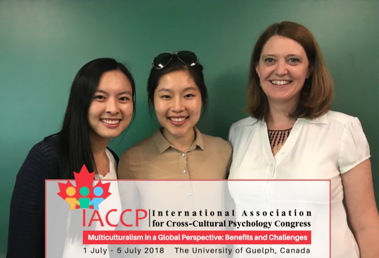 DrCathyCostigan's tweet photo. Look for these faces at the International Association of Cross-Cultural #Psychology conference July 1-5 in #Guelph, Ontario. Dr Catherine Costigan, Vivian So, and Cindy Quan will be presenting on the topics of remote enculturation and parental monitoring. #IACCP2018 #CanadaDay https://t.co/miSiZ8c4oh