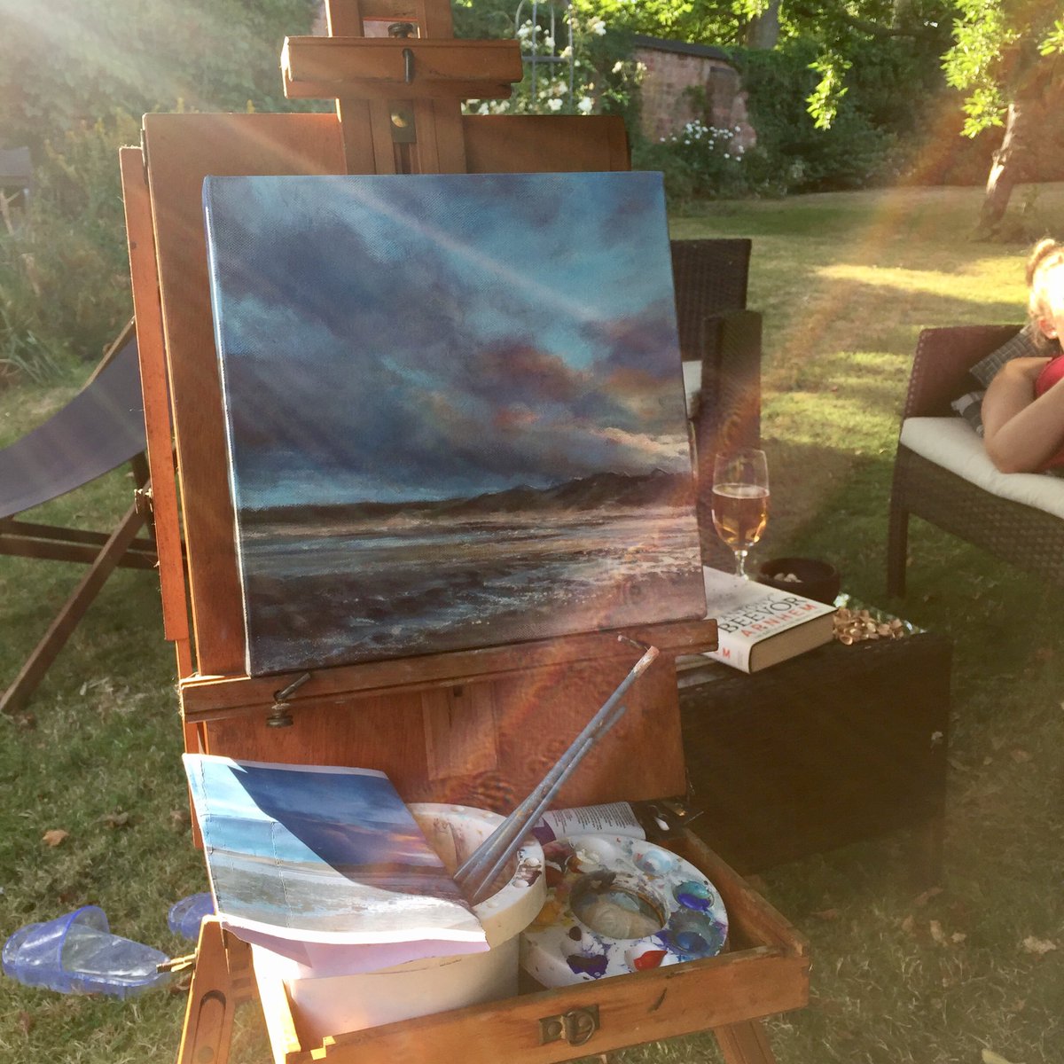 Painting under the Apple trees to keep cool #art #playing #painting #easel  #acrylicpainting #workshops #art #paintingoutdoors