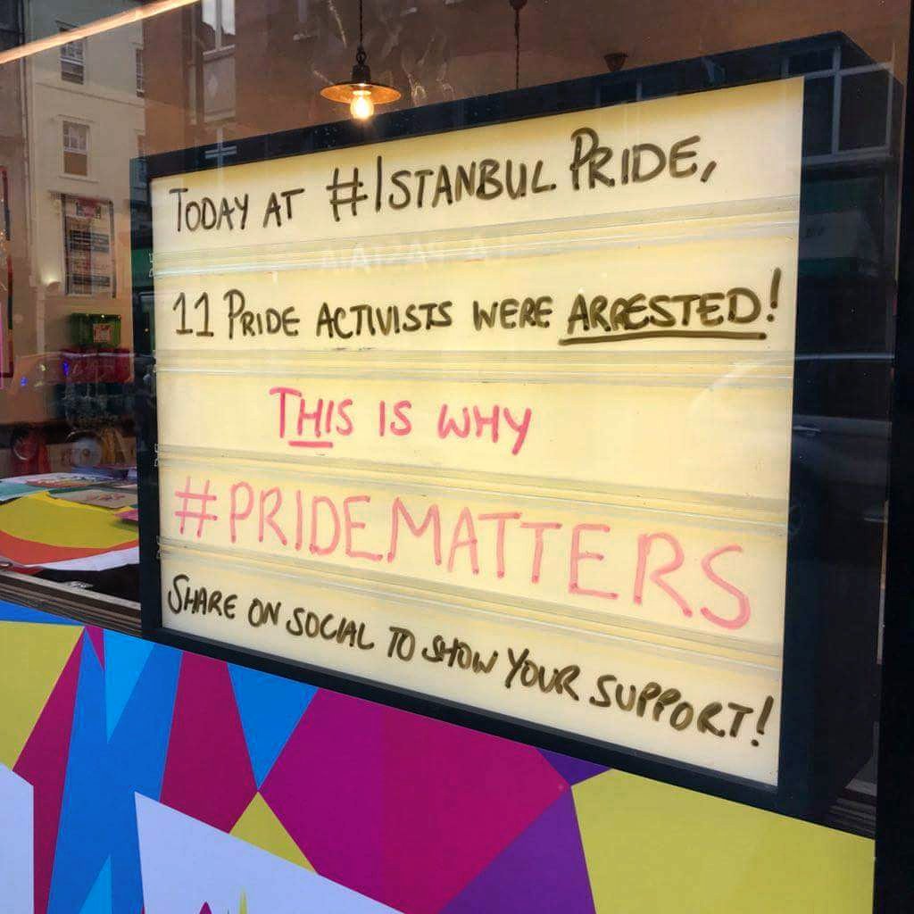 PrideInLondon's tweet photo. Today 11 people were arrested at #IstanbulPride after authorities banned the event, but the LGBT+ community made it clear they would not be silenced.

Take a photo outside our shop and show your support.

📍 72 Old Compton Street

#PrideMatters | #PrideInLondon | #OnurYürüyüşü https://t.co/rYaJMG6s3n