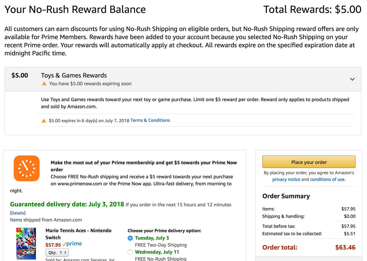 TIL <a href="/amazon/">Amazon</a>'s "no rush rewards" are evidently designed to be misleading. Yesterday <a href="/minpark/">Min Park</a> couldn't apply her Prime Now credits to groceries she tried to purchase on Prime Now. Now I'm told that video *games* don't count as Toys &amp; Games? 🙄
