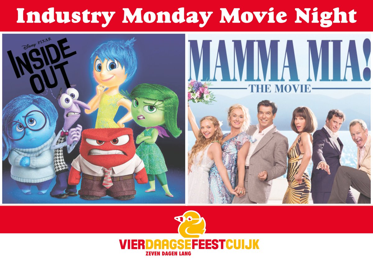 INDUSTRY MONDAY MOVIE NIGHT
De films zijn bekend, iedereen bedankt voor het stemmen. Op maandag draaien er twee films voor jong en oud. Eerst Inside Out en daarna volgt Mamma Mia. Ben jij er bij?