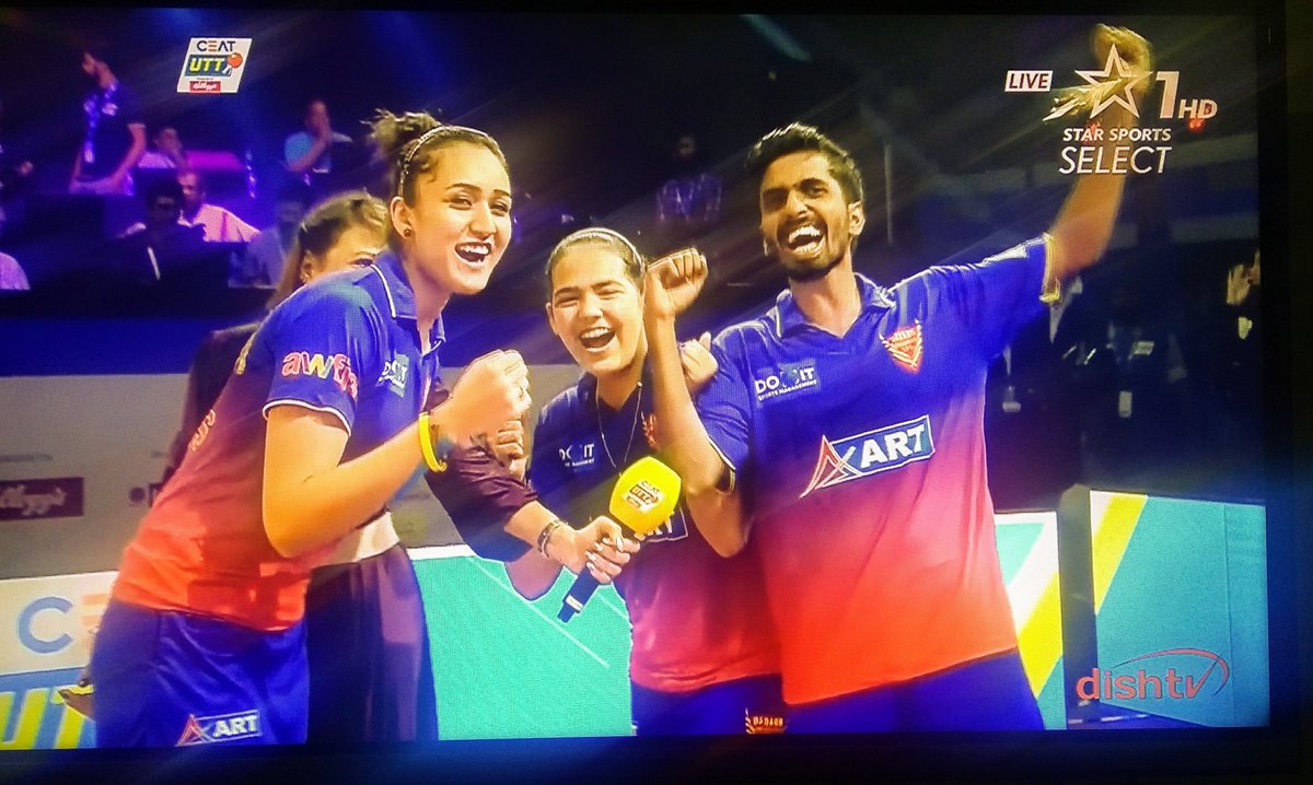 gauravalmora's tweet photo. We are not arrogant 
CHAMPION Congratulations 🙌👍  @manikabatra_TT
 @sathiyantt @DabangSmashers #TheSmashers 🙌💥👍
@UltTableTennis Season 2 CHAMPIONS 👏👏
#CEATUTTFinal #TurnTheTables #UpTheGame #EasyEndsHere https://t.co/qYN20qjwbA
