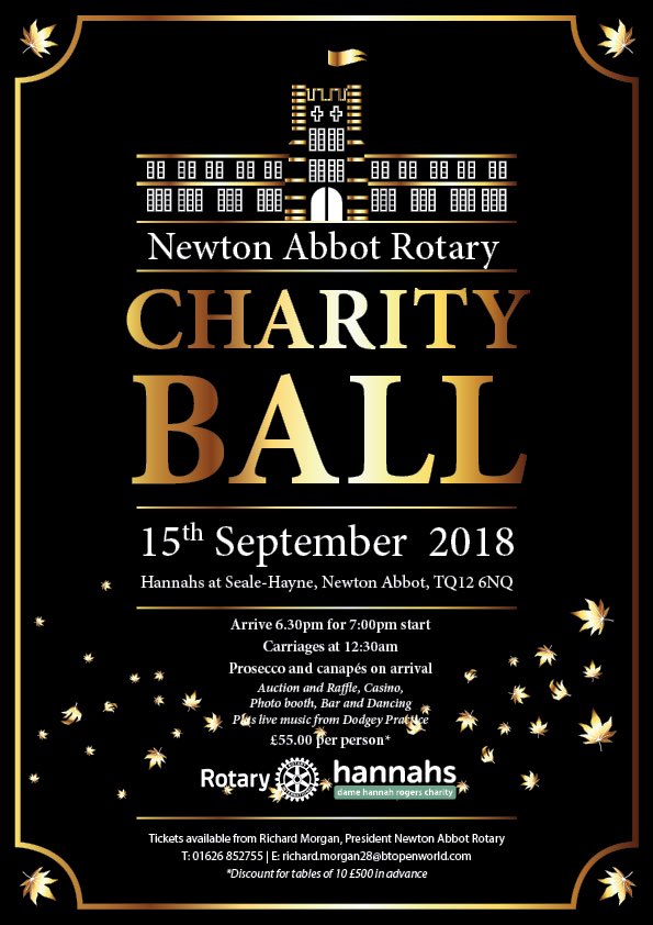 rotarynewtonabb's tweet image. Tables available for the RC Newton Abbot charity ball @WalterCParson @discoverhannahs @CharityHour24 @Sherwoodsonline @FirewatchSW @CharlesRoyleIFA @BoveyCastle @MeadowsideNA @BriteServices @wmlegal @KitsonsLAW @TeignbridgeCAB @NewtonAbbotCofC @NewtonTownWoman @TDC_Business