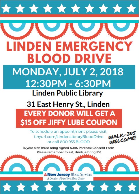 MeridiaLife's tweet photo. Give something back to your community during this 4th of July at  Linden's blood drive tomorrow from 12:30pm-6:30pm! https://t.co/F8tYQcTTvw