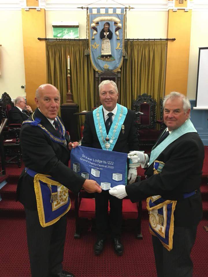WM and Charity Steward receiving our 5th Ashlar for the Somerset 2020 Festival at the celebration meeting for our 150th Anniversary. Momentous day! <a href="/PGLSomerset/">Somerset Freemasons</a>
