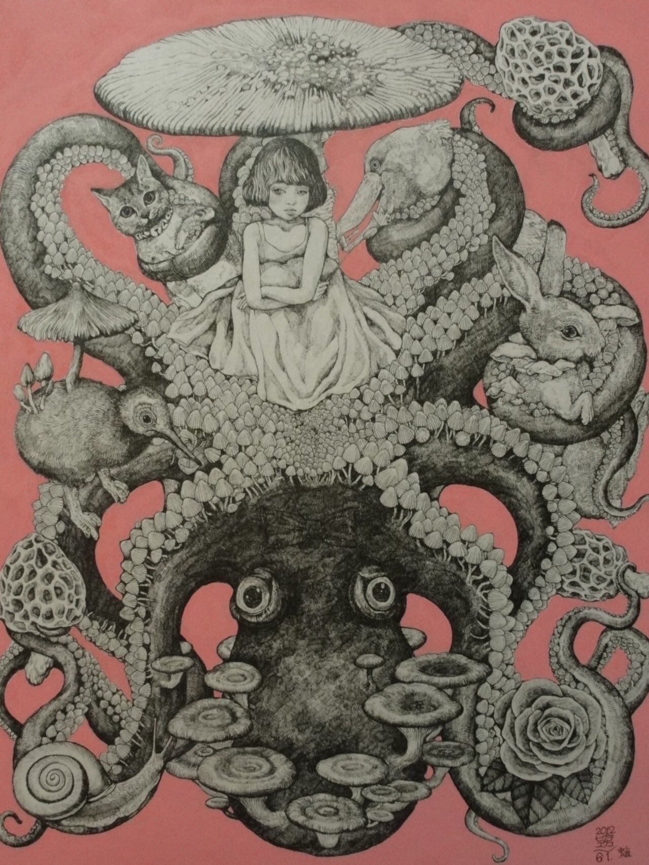 ヒグチユウコさん 立体アート 2014年 少女とワニ、蝶、きのこ