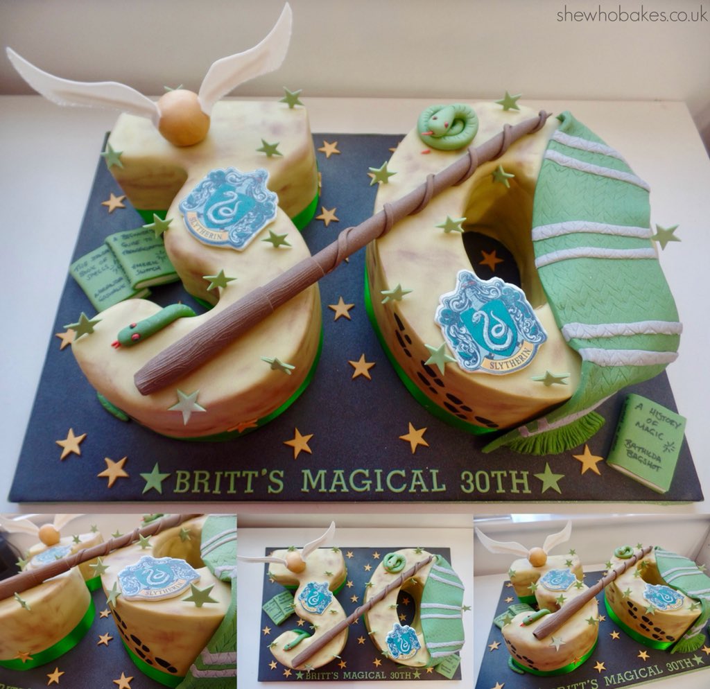 As promised, here is my Slytherin inspired 30th birthday cake from my Harry Potter birthday party last night! All of the decorations are handmade and edible and I'm so pleased with how it turned out! 🐍🥂🍾✨⚡️💚 Thank you for all the lovely birthday messages!