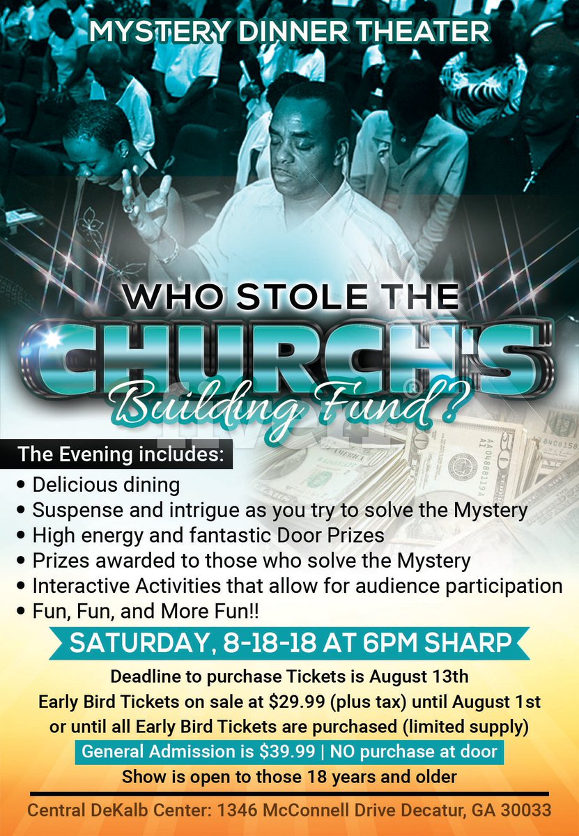 dcspecevents's tweet image. Hold on tight to your church hats! We're inviting you to "Who Stole The Church's Building Fund" mystery dinner on August 18. Early Bird tickets are now on sale through August 1st! ow.ly/euPY30kK9WK
#mystery #mysterydinner #mysterytheater #Atlanta #Datenight #Decatur #ATL